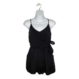 One Clothing Black Rayon Wrap Front Spaghetti Strap Romper